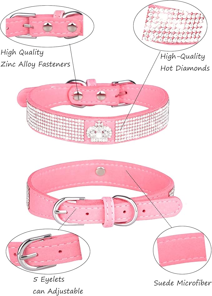 Dog Collar for Small Dogs, Adjustable Leather Suede Bling Dog Collars，Pink Dog Collar Cat Collar, Rhinestone Dog Collar (L, pink3)