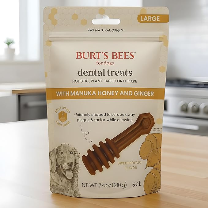 BURT'S BEES FOR PETS Dental Treats for Dogs with Manuka Honey & Ginger, Holistic, Plant-Based Oral Care, 98% Natural Origin Formulas, Sweet Potato Flavor, Dog Treats Medium Dogs, Sz Md/Lg 5ct, 7 oz