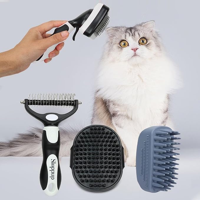 Dog Brush Kit for Grooming Short & Long Haired Dogs & Cats, 4-in-1 Pet Grooming Set with Self-Cleaning Slicker Brush, Deshedding Tool, Shampoo Bath Comb, Massge Comb (White Black)