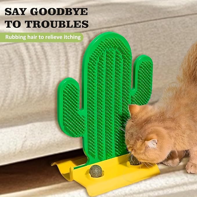 Catnip Toys for Indoor Cats, Green Cactus Shape Cat Scratching Brush with Catnip Ball Toys, 2 in 1 Massage & Self Groomer, Teeth Washing Healthy Rotatable Treats Toys, Cats Soothing Catnip