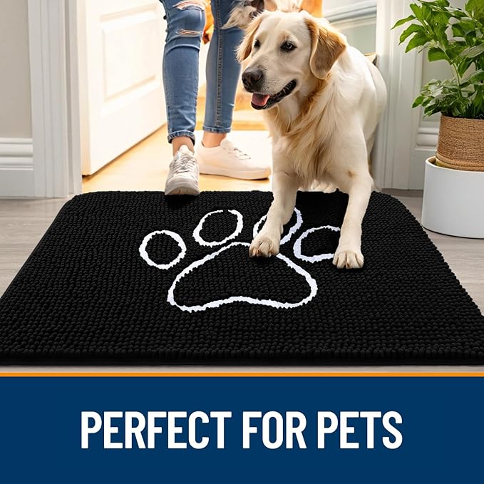 OLANLY Dog Door Mat for Muddy Paws 47x24, Paw Print Design, Absorbs Moisture and Dirt, Absorbent Non-Slip Washable Doormat, Quick Dry Chenille Mud Mat for Dogs, Entry Indoor Entryway Carpet, Black