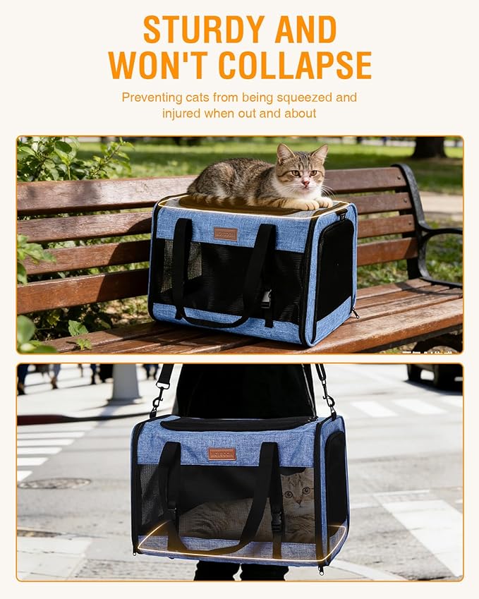 PETUX Large Cat Carrier for Cats ＆ Puppy Up to 20Lb - Top & Side Entry, 4 Side Breathable, Foldable Soft Sided Dog Carrier with Safety Car Seat Buckle & Anti-Scratch Mesh for Car, Travel ＆ Vet - Blue