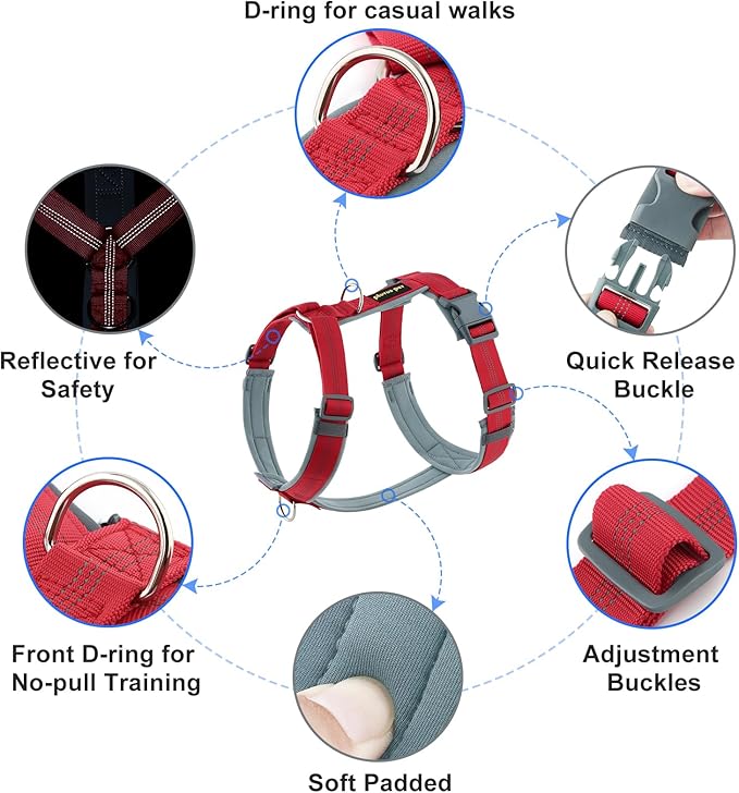 Plutus Pet No Pull Dog Harness, Adjustable Nylon Harness with Soft Padding, Reflective and Heavy Duty Dog Harness for Small, Medium, Large Dogs(Red, XS)