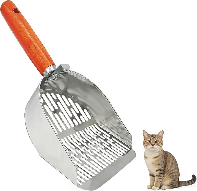 Cat Litter Scoop Metal 304 Stainless Steel, One-Piece Pressed Design with No Weld Spots, Durable Anti-Break Handle, Dual Slot Sizes, with Holder Stand, Easy to Clean, Filters Small Litter Clumps