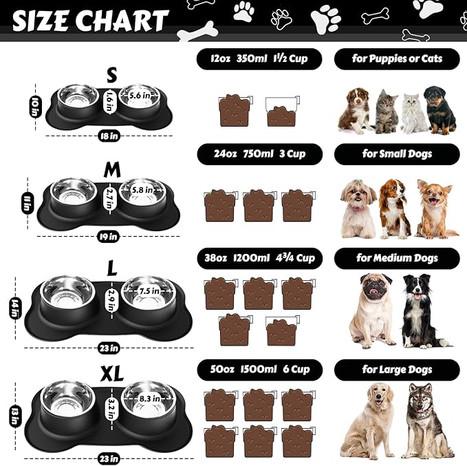 AsFrost Dog Food Bowls Stainless Steel & Water Dish with No-Spill and Non-Skid, Feeder Bowls with Dog Food Dish for Small Medium Large Size,Dogs,Cats,Puppy Pets, Black, 12oz