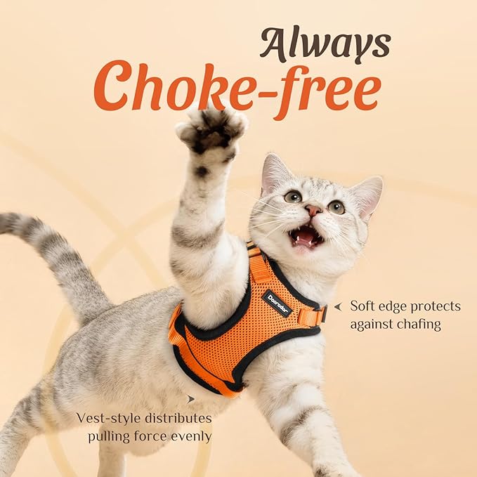 Dooradar Cat Harness and Leash Set, Escape Proof Safe Adjustable Kitten Vest Harnesses for Walking, Easy Control Soft Breathable Mesh Jacket with Reflective Strips for Cats, Orange, XS