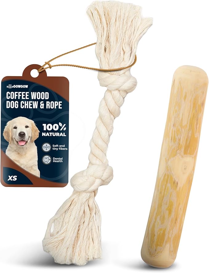 GOWGOW Coffee Wood Dog Chew Sticks 6.5" & Dog Rope Toys for Puppy - 100% Natural Puppy Chew for Teething, Organic Wood Stick - Size XS