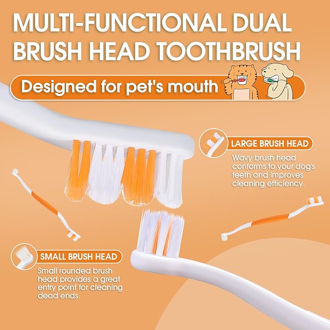 Dog Toothbrush – Newly Upgraded Dual-Head Design with 60° Wavy Bristles–Gently Surrounds Teeth for Deep Cleaning and Plaque Removal – Non-Slip Handle, Ideal for Daily Pet Dental Care (Orange, 6-Pack)