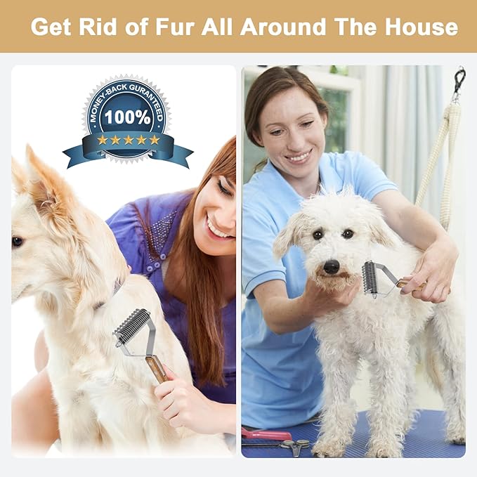Dematting Comb for Dogs & Cats - Double-Sided Deshedding Dematting Grooming Tool, Undercoat Rake for Double Coat Dogs & Long-Haired Cats, Wooden Handle Large