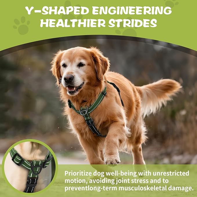 Dog Harness,Adjustable No Pull Dog Harness,Y-Shaped Design,Buckle-Neck Balance Harness with Reflective, Ideal for Dog Training Hiking, Easy Walk Harness,Durable High-Tensile Nylon Green-S