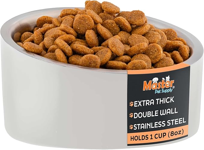Master Pet Supply Stainless Steel Slanted Dog Cat Food Bowl - 8 oz Heavy Duty - Bone White, Double Wall Insulated, Non-Slip Elevated Bowl for French Bulldogs Pugs Cats, Anti Rust Dishwasher Safe