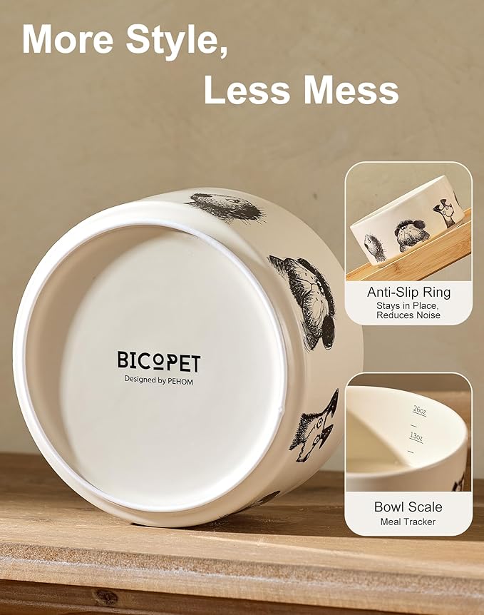 Ceramic Dog Bowl Set of 2 with Weighted Non-Slip Ring-3.3 Cups, Stoneware Food and Water Set, Pet Feeding, Microwave and Dishwasher Safe-Derpy-M 2pcs