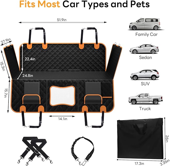 Dog Seat Cover for Back Seat - Hard Bottom Car Seat Cover for Dogs Holds 500 lbs,Waterproof Back Seat Extender for Dogs,Scratch-Proof Anti-Slip Dog Hammock for Car SUV Small Truck, BlackOR