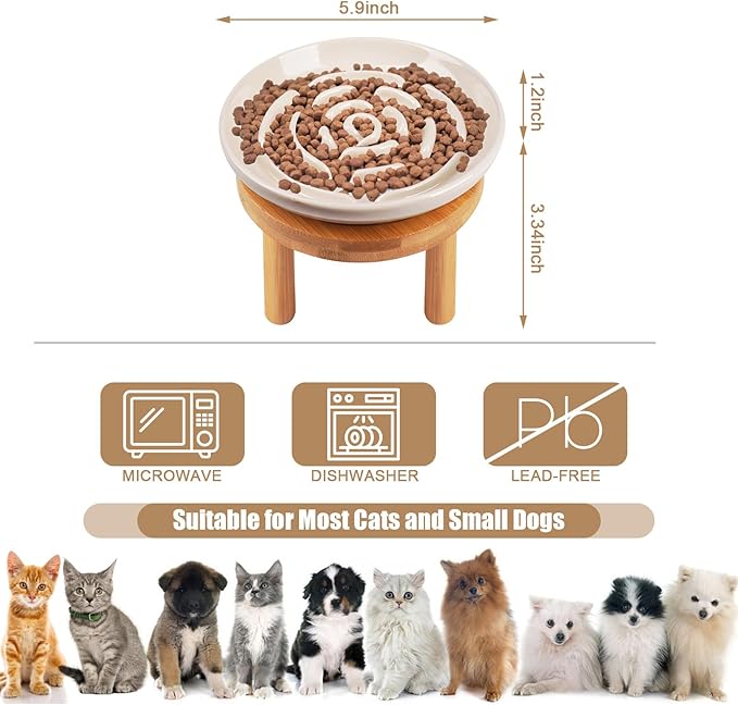 Elevated Slow Feeder Cat Bowls, Ceramic Cat Slower Feeding Bowl with Bamboo Stand, 5.9 Inch Wide Shallow Cats Bowls Whisker Friendly, Anti Vomiting Cats Slow Feeder for Dry or Wet Food Dishwasher Safe