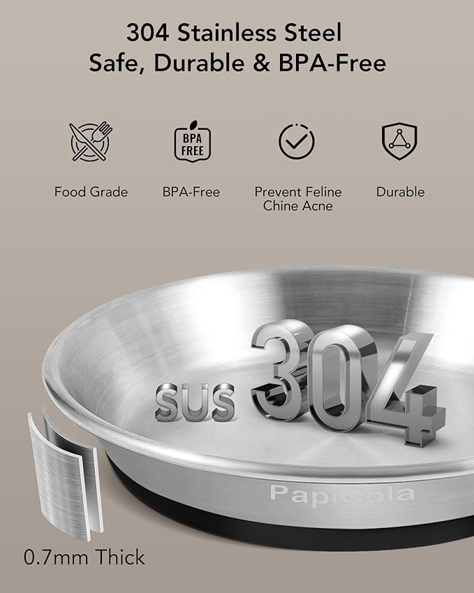 Stainless Steel Cat Bowls 4PCS, Non-Slip cat Food Dishes, Metal Pet Food and Water Bowls, Whisker Friendly with Wide and Shallow Design, 6.3'' Wide, 0.7mm Thick Steel, Ideal Pet Dish (4PC-6.3in)