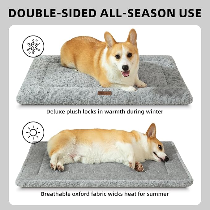 Reversible Dog Bed Mat 35"x22" for Medium Dogs - Supportive Double-Sided Crate Pad, All-Season Cooling & Warmth, Ultra Soft Machine Washable Pet Bed, Fits Most 36-Inch Kennels, Light Grey