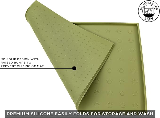 Food Mat Feeding Tray - Non-Slip, Anti-Spill, Raised Dog Food Mat, Easy Clean Waterproof - Premium Quality Silicone - Perfect for Dog Bowl Mat and Cat Feeding Mat Tray, 24" x 16" (Olive)