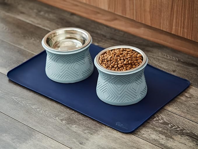 Pet Junkie Silicone Dog Mat for Water Bowl and Food Dish, Pet Mat for Floors, Waterproof Dog Food Tray (Dark Blue)