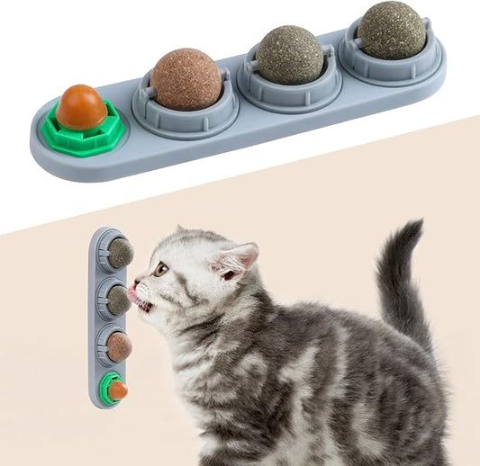 KIMOBER 4 Pack Catnip Ball for Cats,Edible Kitten Chew Toys with Catnip Silvervine Gall Fruit Flavors for Cats Lick Dental Teeth Cleaning Cats Wall Treats