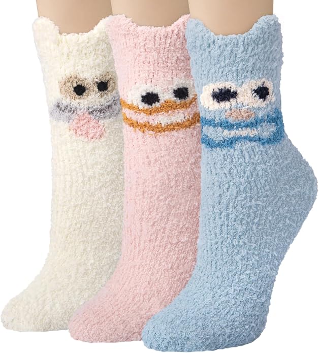 Loritta 3 Pairs Womens Fuzzy Socks Winter Warm Fluffy Soft Slipper Home Sleeping Cute Animal Socks