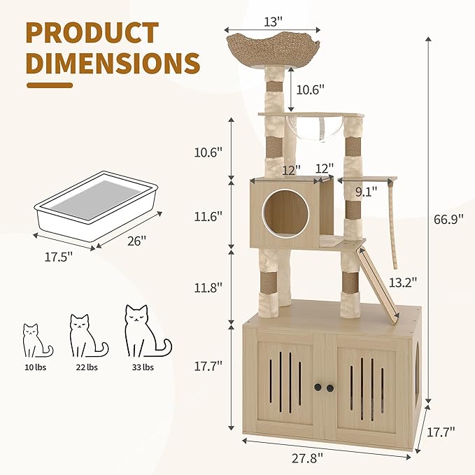 Cat Tree, 66.9-Inch Cat Tower with Litter Box Enclosure, Large Condo with Food Station, Storage, Scratching Posts, Hammock, Washable Cushions