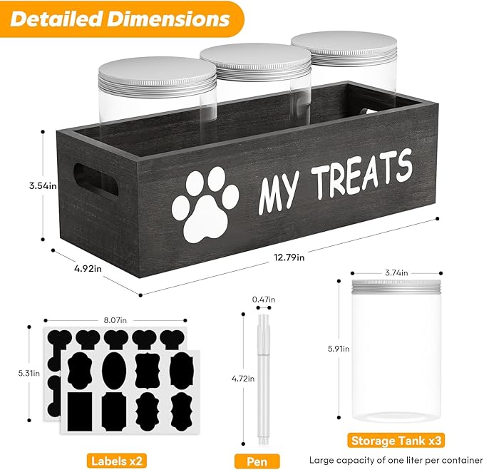 qeerable Dog Treat Jar for Countertop - Dog Treat Container with 3 Jars - Pet Food Organizer For Puppy - Airtight Grey Wooden Dog Treat Storage With Lids - Great Gift for Pet Dog Owners