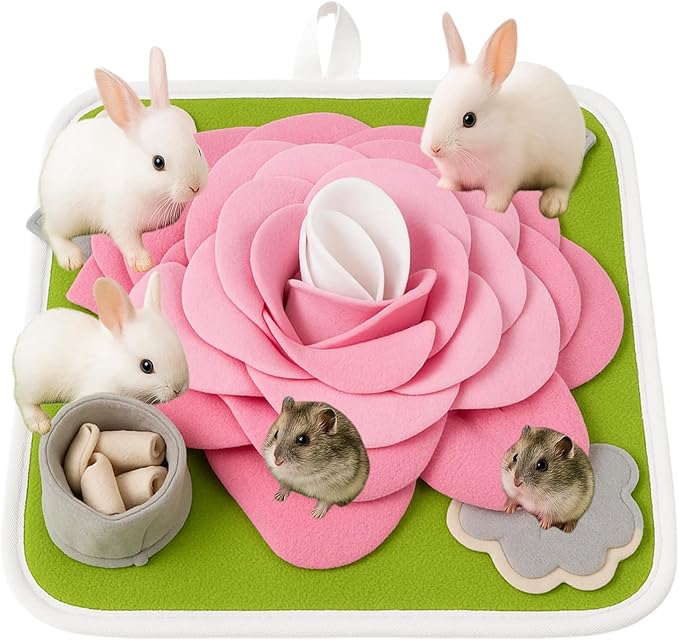 Rabbit Foraging Mat, Bunny Activity Toys Snuffle Mat for Small Animals Forage Mat for Rabbit Guinea Pig Hamster Chicken Hedgehog Chinchilla Puppies Cat Stress Relief Puzzle Interaction Toys (Pink)