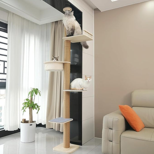 Floor-to-Ceiling Cat Tree, Adjustable Height (60-114 in), 4-Tier Climbing Tower with Accessories, Cat Activity Center with Plush Perches & Extra-Large Hanging Basket