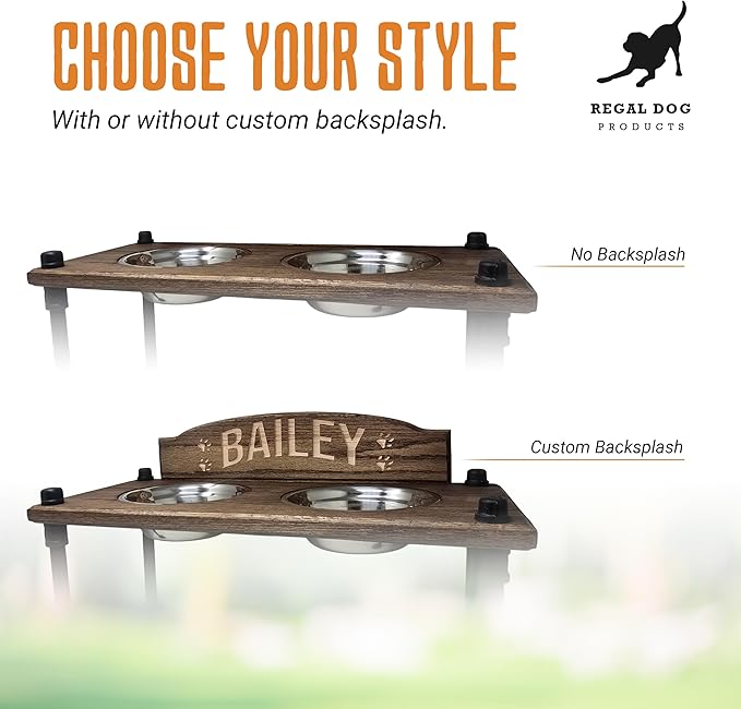 Elevated Dog Bowl Stand with Stainless Steel Bowls | Raised Dog Feeder | Oak Wood with Industrial Pipe Legs | Waterproof Finish | Handmade in USA (Custom Backsplash)