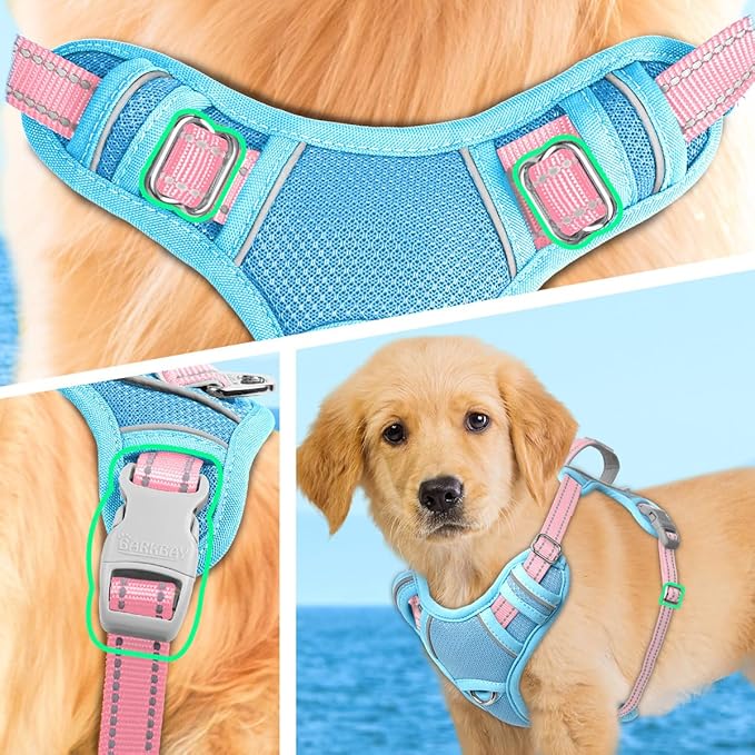 BARKBAY No Pull Dog Harness Large Reflective Dog Harness with Front Clip and Easy Control Handle for Walking Training Running with ID tag Pocket(Baby Blue & Baby Pink,XS)