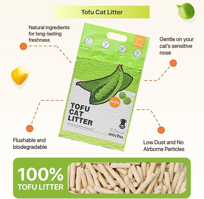 Michu Tofu Cat Litter Natural Clumping Tofu Cat Litter, Fast Clumping and Easily Scoop-able 5.5lb/88oz 5 Scents - Original + Watermelon, 2 Pack