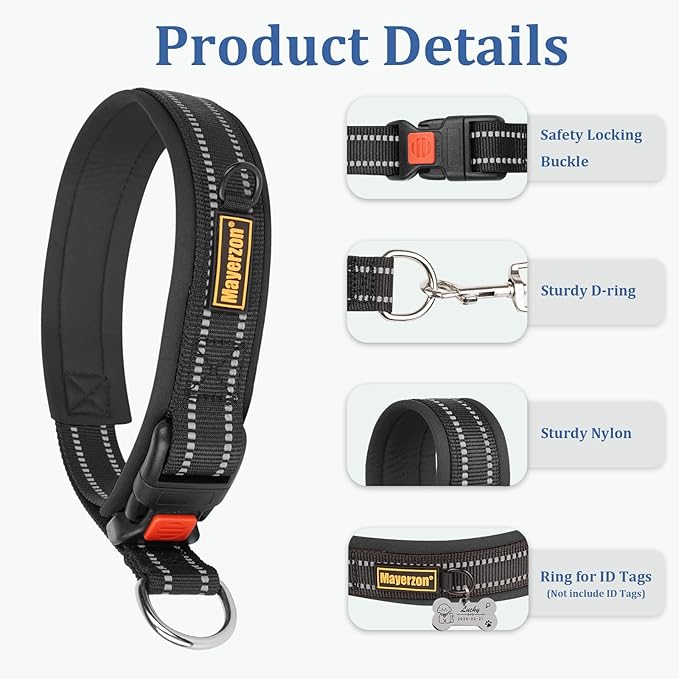 Mayerzon 1.5" Wide Martingale Collar for Large Medium Small Dogs Pitbull German Shepherd, No Pull Reflective Slip & Martingale Dog Collar with Buckle Soft Padded for Walking Training(Black,XL)