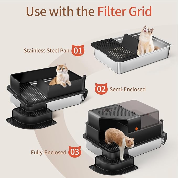 XXXL Stainless Steel Litter Box, 28"x20"x18" Extra Large Fully Enclosed High Sided Metal Cat Litter Box with Filtered Grid, Step, Scoop, Non-Sticky, Non-Odor, Easy Cleaning (Black)