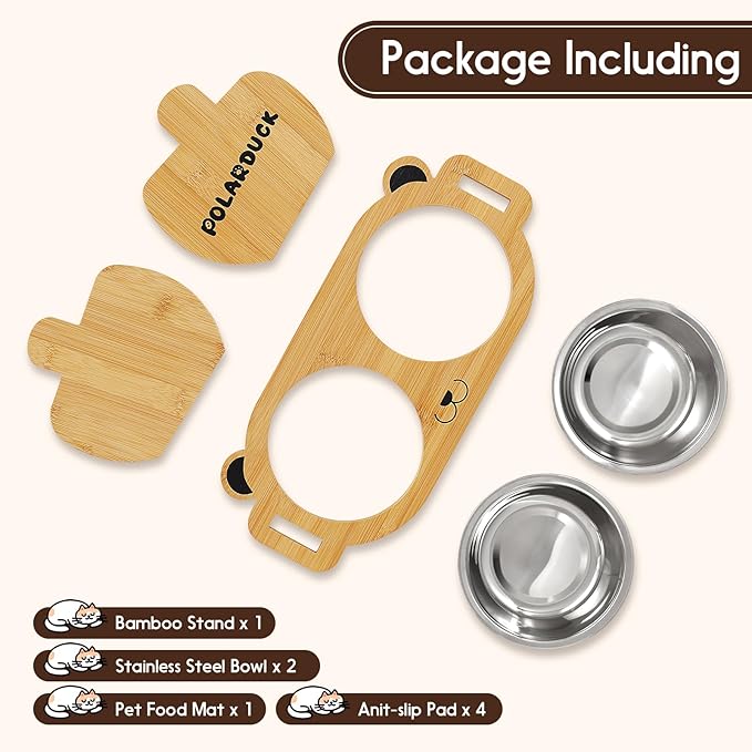 Tilted Elevated Cat Bowls with Food Mat: Removable Stainless Steel Pet Dishes with Bamboo Raised Stand for Cats and Small Dog | Anti Vomiting Whisker Friendly Dishwasher Safe