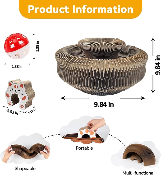 2Pcs Magic Organ Cat Scratcher, Foldable Accordion Cat Scratching Board with Toy Ball, Compact Cat Scratch Pad Kitty Kurlz Cat Toys for Indoor Cats, Stress Relief & Furniture Protection