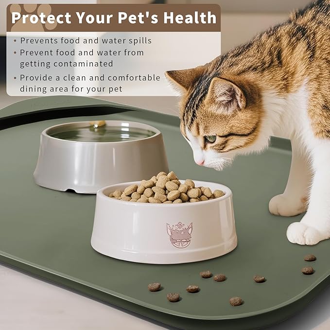 Silicone Pet Food Mat with Raised Edge for Food and Water Bowl, Dog Feeding Mats, Cat Food Trays for Floor Waterproof, Rubber Tray for Dogs and Cats, 22 x 14 x 0.8 Light Olive Green