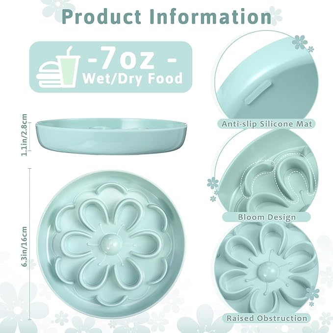 2 Pcs Cat Slow Feeder Bowl Cute Cat Food Bowl with Bloom Design Healthy Eating Diet Interactive Feeder Wet Dish for Pets Small Dogs(White, Green)