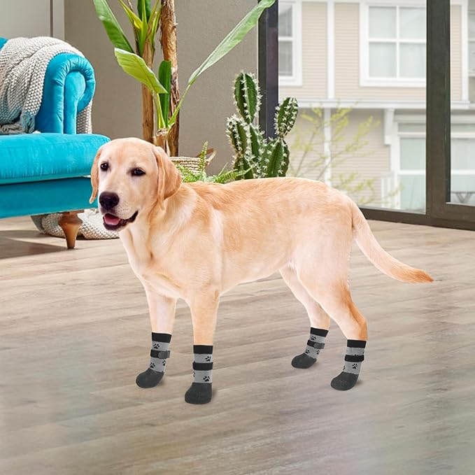 KOOLTAIL Anti Slip Dog Socks to Prevent Licking Paws for Hardwood Floors, Waterproof Dog Boots & Paw Protector Traction Shoes with Toe Grips for Small Medium Large Senior Dogs Dark Grey XXL