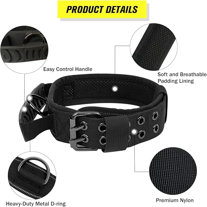 Tactical Dog Collar with Handle - Military Adjustable Dog Training Collar Soft Nylon and Heavy Duty Metal Buckle for Medium Large Dogs - with Patch (Green with Patch, X-Large)