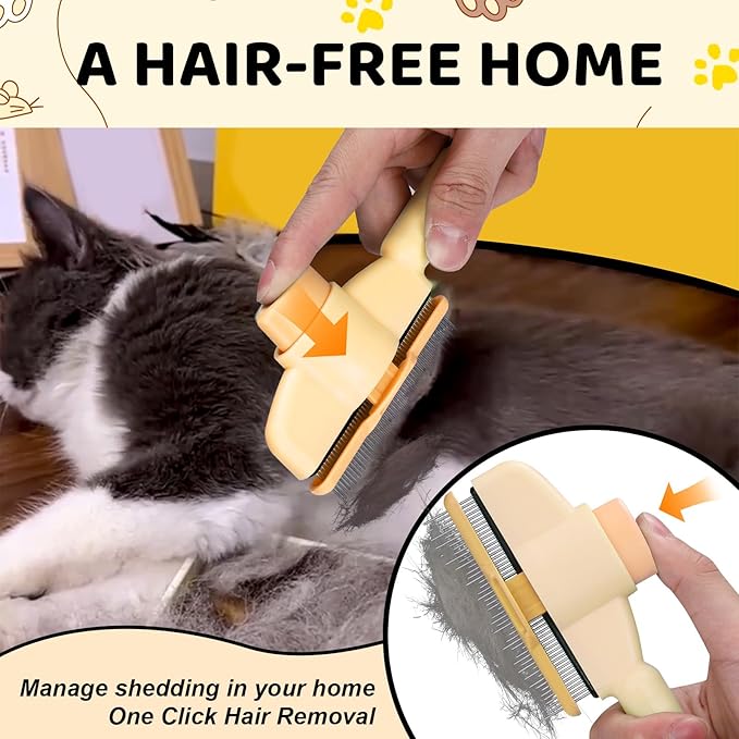 XANGNIER Pet Hair Removal Comb One-Click Self-Cleaning Grooming Brush, De-Shedding Comb for Short & Long Hair, Pet Grooming Supplies for Cats & Dogs, Yellow