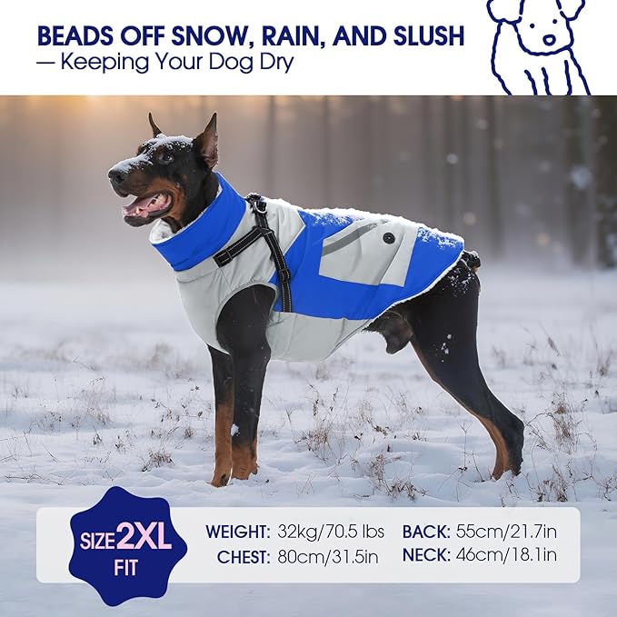 FUAMEY Dog Winter Jackets for Small Dogs,Dog Coat with Harness Built in,Waterproof Dogs Snowsuits Warm Pet Jacket Zip Up Fleece Cold Weather Coats Reflective Puppy Vest with Pocket Blue S