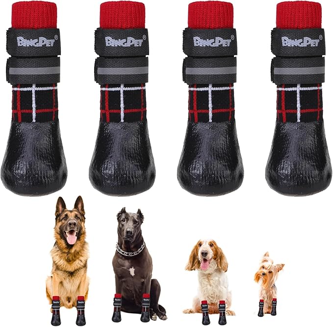 BINGPET Anti-Slip Dog Socks for Hardwood Floors,Injury Prevent Licking Dog Booties,Traction Control Paw Protector Dog Shoes for Hot Pavement with Reflective Straps for Small Medium Large Dogs