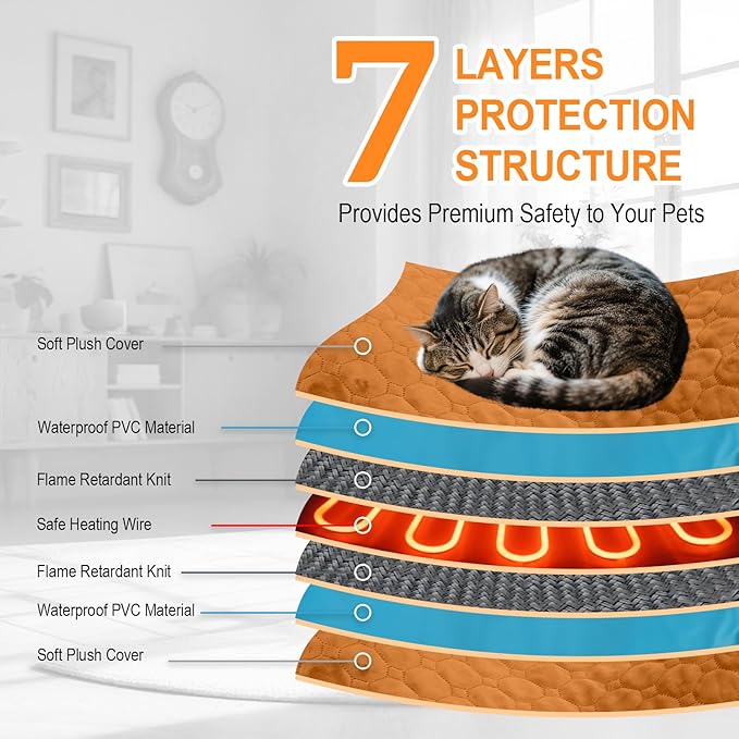 Pet Heating Pad for Cats & Dogs Indoor Outdoor, Warming Cat Heating Pad with Chew Resistant Cord, Adjustable Temperature & Time, Heated Cat Bed Mat Waterproof for Cats Small Dogs, 17.7'' × 17.7''