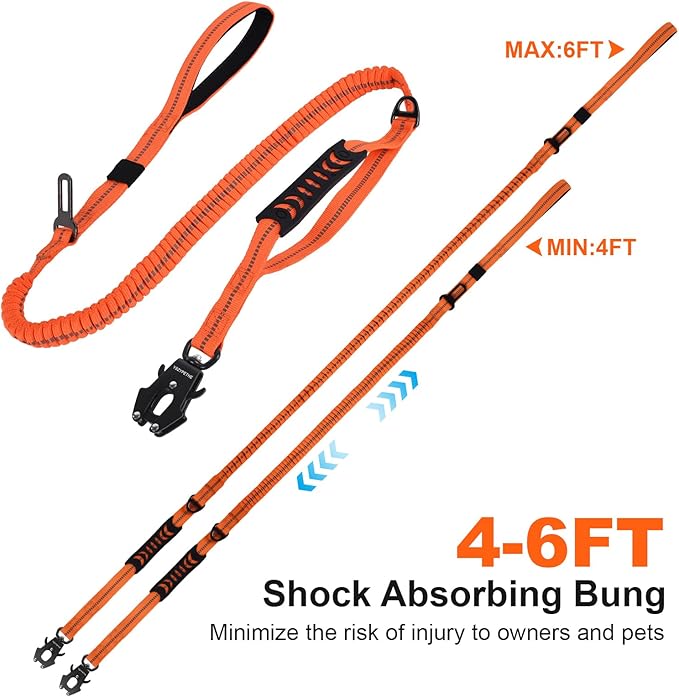 Heavy Duty Dog Leash, 4-6 Ft Shock Absorbing with Heavy-Duty Seatbelt Buckle & Dual Handles - No Bungee, for Medium to Large Dogs (Orange)