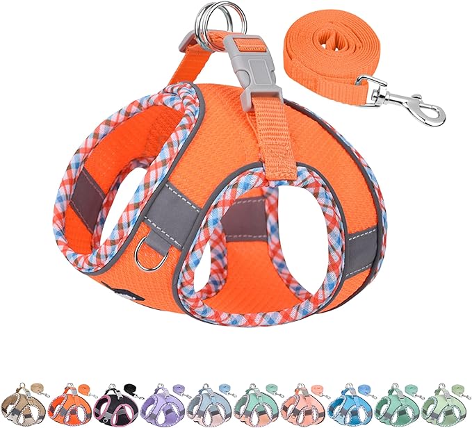 AIITLE Teacup Puppy Harness with Leash - Adjustable Soft Vest with Magic Tape & Reflective Safety Strips, Easy-Put-On for Poodles, Pomeranians - Gym, Hiking, Travel (Orange, S)