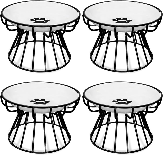 BNOSDM 4 Pcs Raised Cat Dishes Ceramic Shallow Cat Bowls with Iron Stand, Elevated Flat Whisker Fatigue Pet Wet Food Bowls for Kitten Puppy, Small Cats and Dogs (Black)