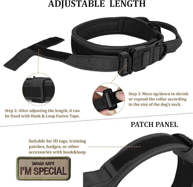Tactical Dog Collar with Handle - Military Adjustable Dog Training Collar Soft Nylon and Heavy Duty Metal Buckle for Medium Large Dogs - with Patch (Black, Large)