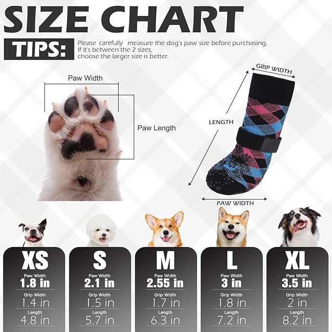 EXPAWLORER Dog Socks for Cold Winter Snow to Prevent Licking Paws, Anti Slip Doggie Booties Grippy Shoes for Hardwood Floors, Boots & Paw Protectors for Small Medium Large Senior Dogs Pink Blue XL