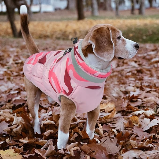 Lelepet Warm Dog Winter Coat Dog Coats for Large Dogs Waterproof Dogs Jacket with Harness Built in Reflective Cold Weather Coats Windproof Zip-Up Winter Fleece Vest Snowsuit Pitbull Pink Camo XXL