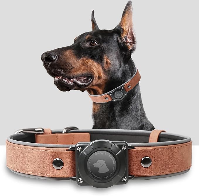 AirTag Dog Collar - Leather Dog Collar with Air Tag Holder | IPX8 Waterproof, Reflective, High - End, Adjustable Soft Padded | Dog GPS Tracker Collars Fit for Medium Large Dogs (MahoganyBrown, L)